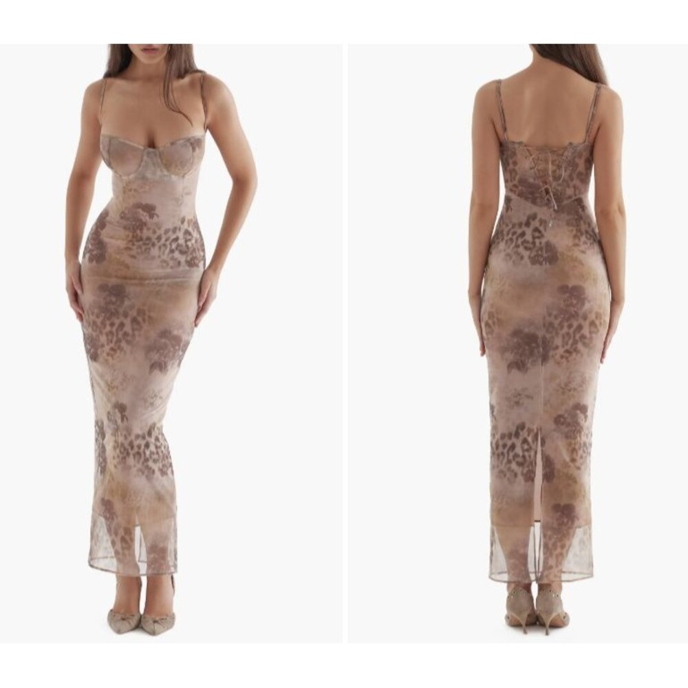 Bodycon Maxi Dress‎ Womens L Cream Floral Mesh Lace Up Y2K Prom Wedding Party